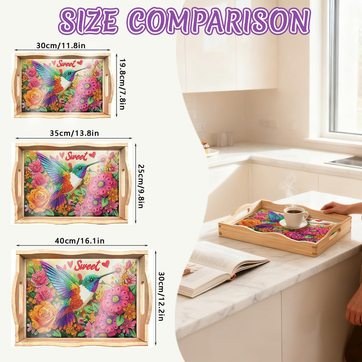 5D Bird Diamond Art Wooden Serving Tray with Handle for Adults (U Bird Small)