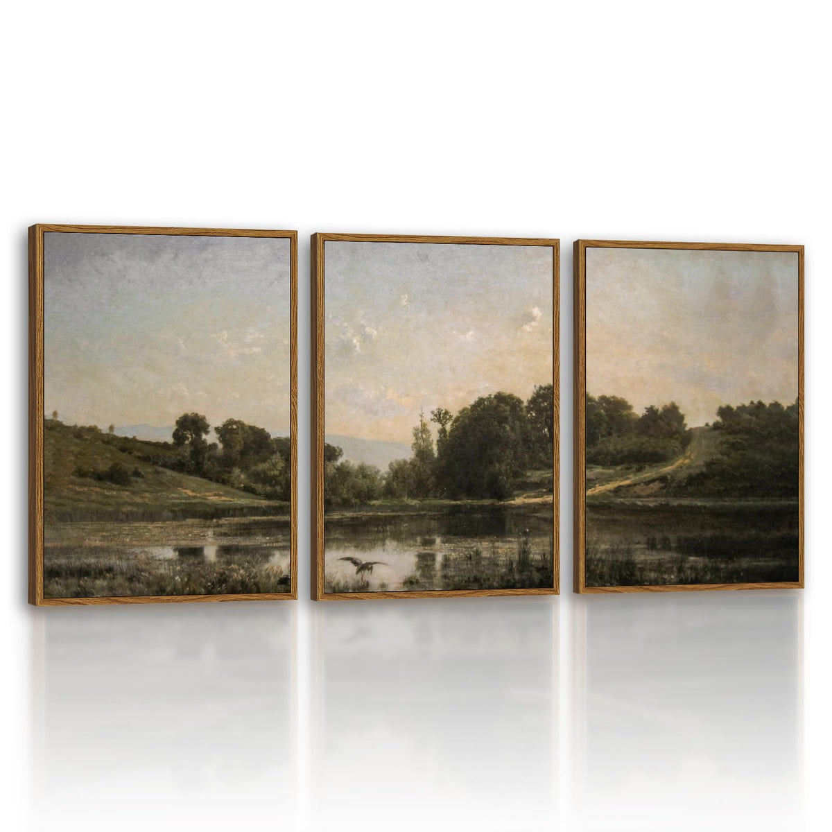 Vintage Framed Landscape Wall Art Set of 3 12x16 Countryside Lake Canvas Painting (Field Triptych / 12"x16"x3)