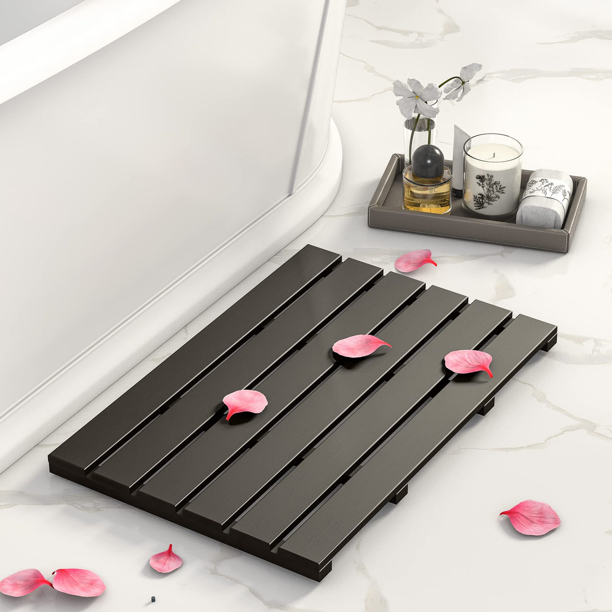 Wooden Bamboo Bath Shower Mat (Black / 21.3" x 14.2" (Rectangular))