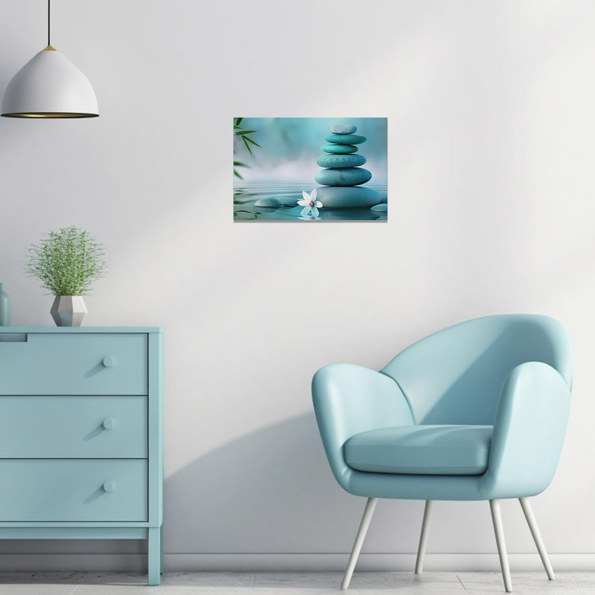 Zen Canvas Wall Art Teal Wall Decor Spa Water Pictures Zen Stone Bathroom Decor White Flowers Prints for Meditation Yoga Spa Artwork Framed (12"L x 18"W)