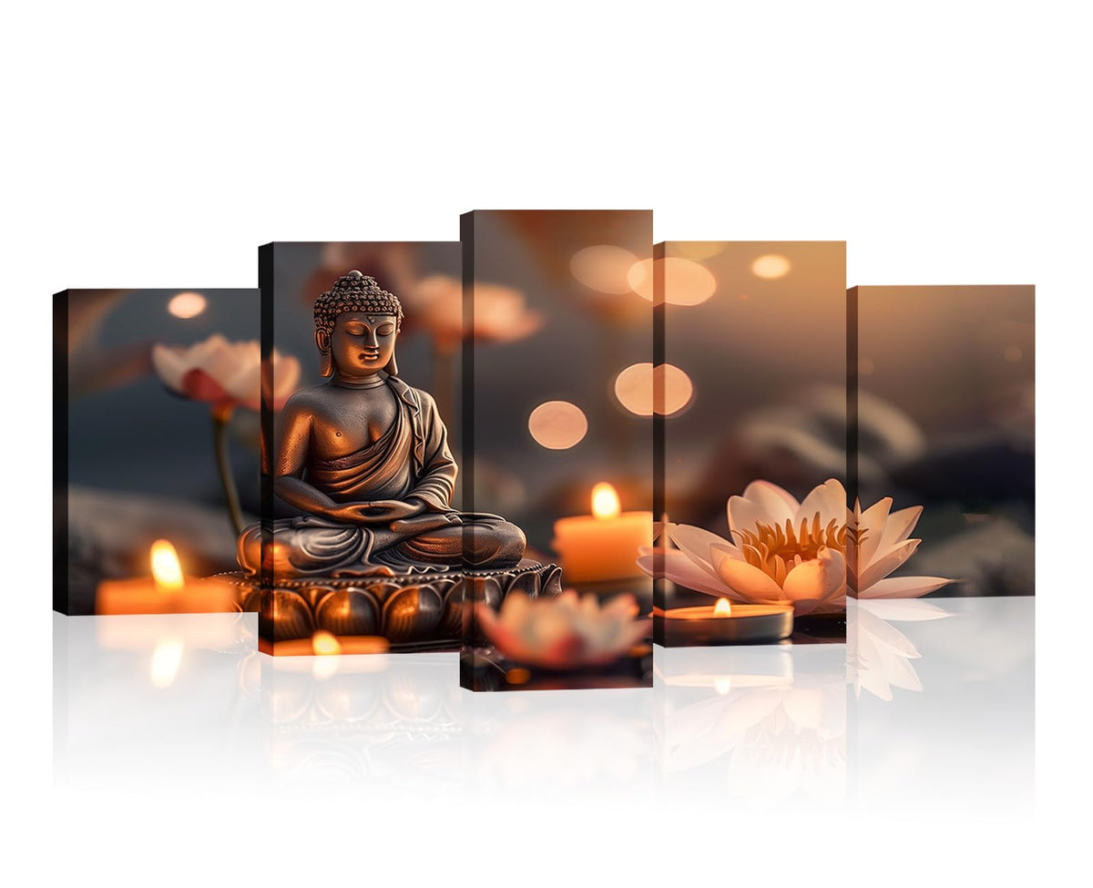 Buddha Wall Art for Living Room Large 5 Piece Zen Picture Candle & Lotus Canvas Prints Meditative Artwork for Spiritual Yoga Room Home Decor Framed Ready to Hang (50x24 inch / Picture-9)
