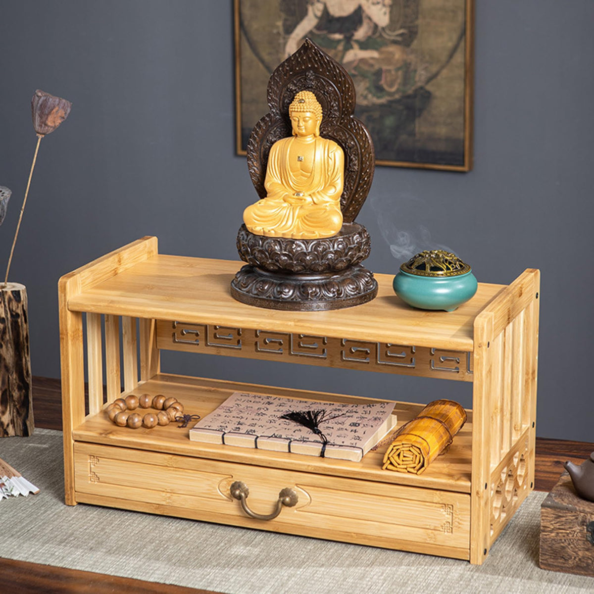 Low 3 Tier Meditation Table with Drawer (Wood Color / 20.4”W)
