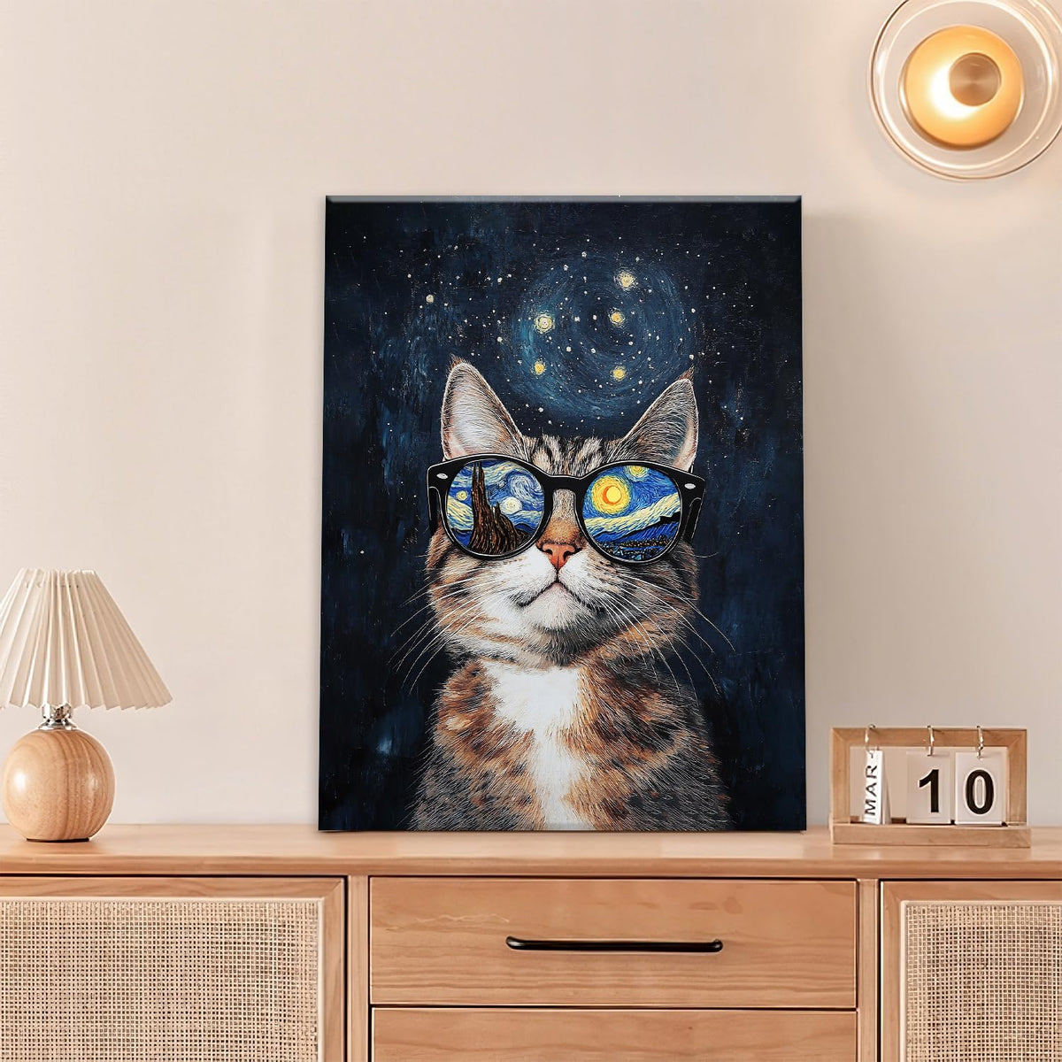 Funny Cat Wall Art Cute Cat Bathroom Canvas Wall Decor Starry Night Glasses Pictures Paintings Prints Artwork Framed Decorations For Bedroom Living Room Gifts 12" x 16" (Vangogh Cat / 16"L x 12"W)