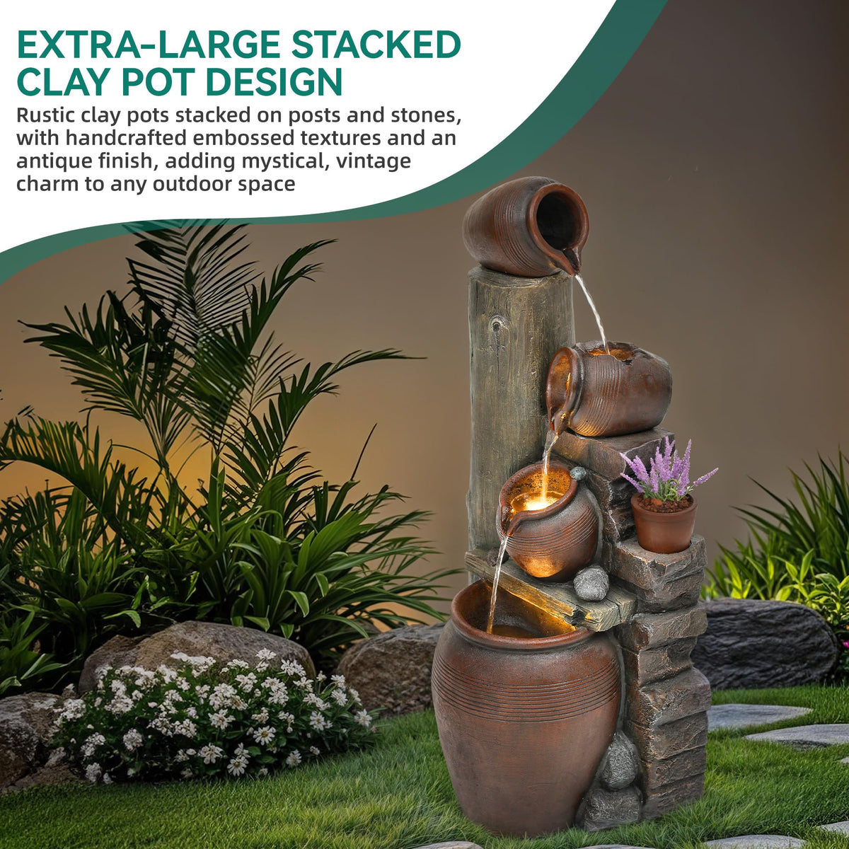 AUTODAYA 40" H Oversized Outdoor Water Fountain LED Lights 4 (40"h Rustic Terracotta)