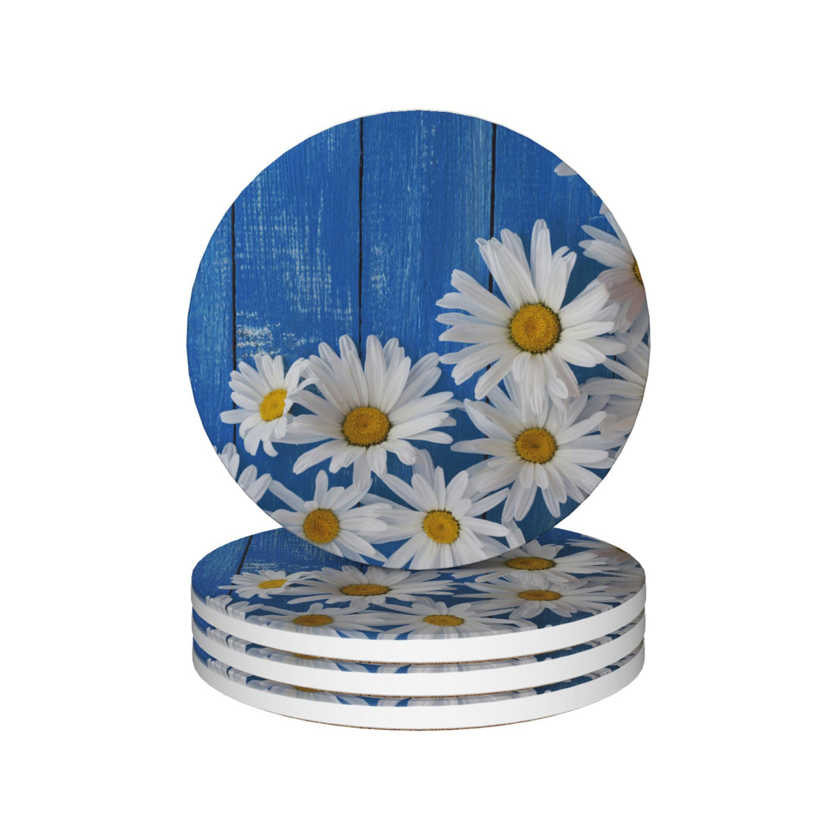 Blue Daisy Wood Round 4" Cup Coasters Set of 4 (Blue Daisy)