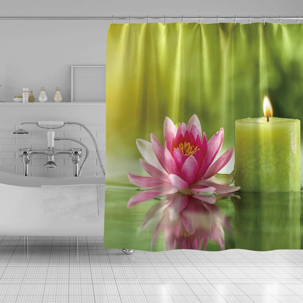 Spa Shower Curtain Pink Lotus and Green Candle Calm Relaxing Bath Curtain Waterproof Polyester Fabric Bathroom Decor Set with Hooks 60x72inch (60"W x 72"L (Pack of 1) / Green 05)