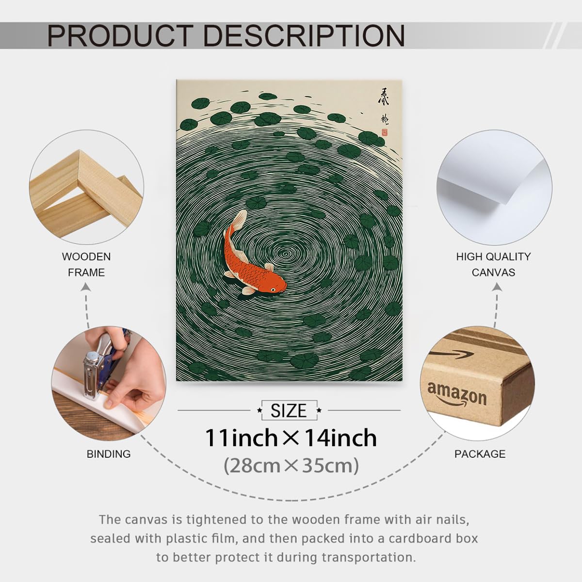 Japanese Koi Fish Framed Poster Oriental Asian Lucky Carp Canvas Wall Art 11x14 inch Retro Japan Room Aesthetic Print Minimal Green Painting for Zen Water Living Room Office Decor Ready to hang (Wrapped Canvas / Japanese Koi Fish / 14"L x 11"W)