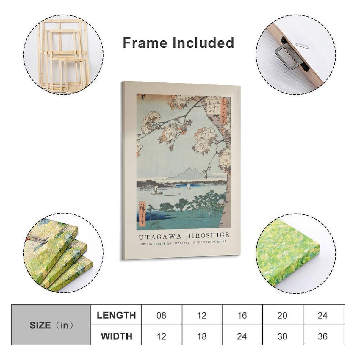 Utagawa Hiroshige Suijin Shrine Sumida River Japanese Ukiyoe Cherry Blossom Scene Canvas Printing Wall Art Prints Japandi Posters Wall Decor for Living Room Bedroom Office 20x30inch (style-3 / 20x30inch(50x75cm) Frame)