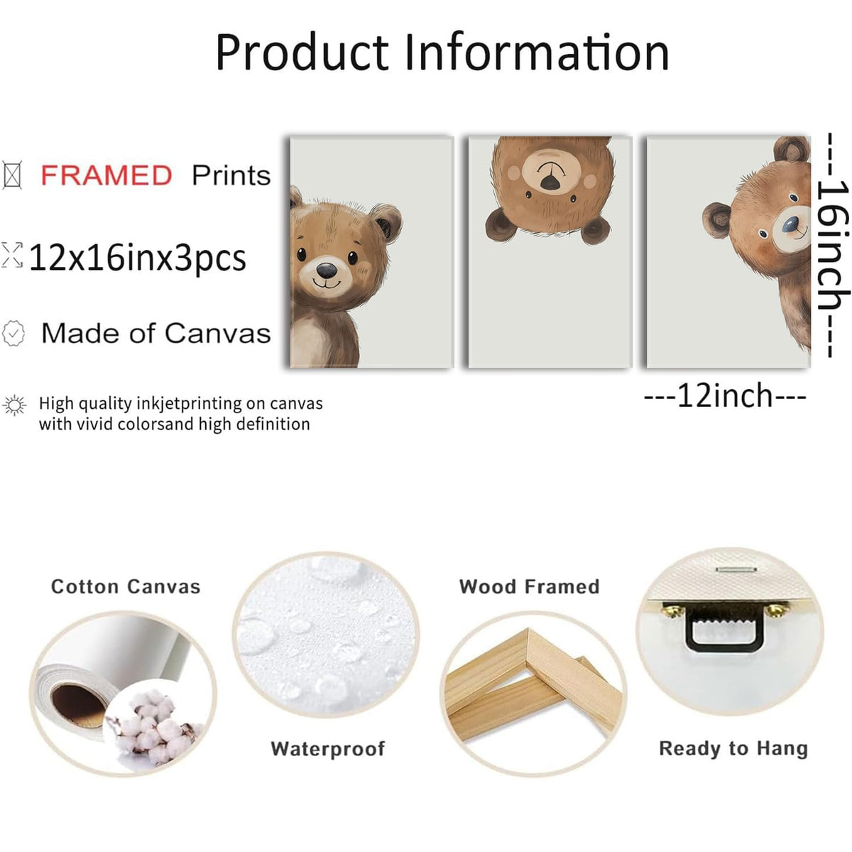 3 Piece Baby Bear Canvas Wall Art Nursery Funny Animal Wall Art Cute Bear Pictures Wall Decor Kids Baby Boy Animal Art Prints for Children's Room Bedroom 12"X16" Framed (Teddy bear / 12x16in)