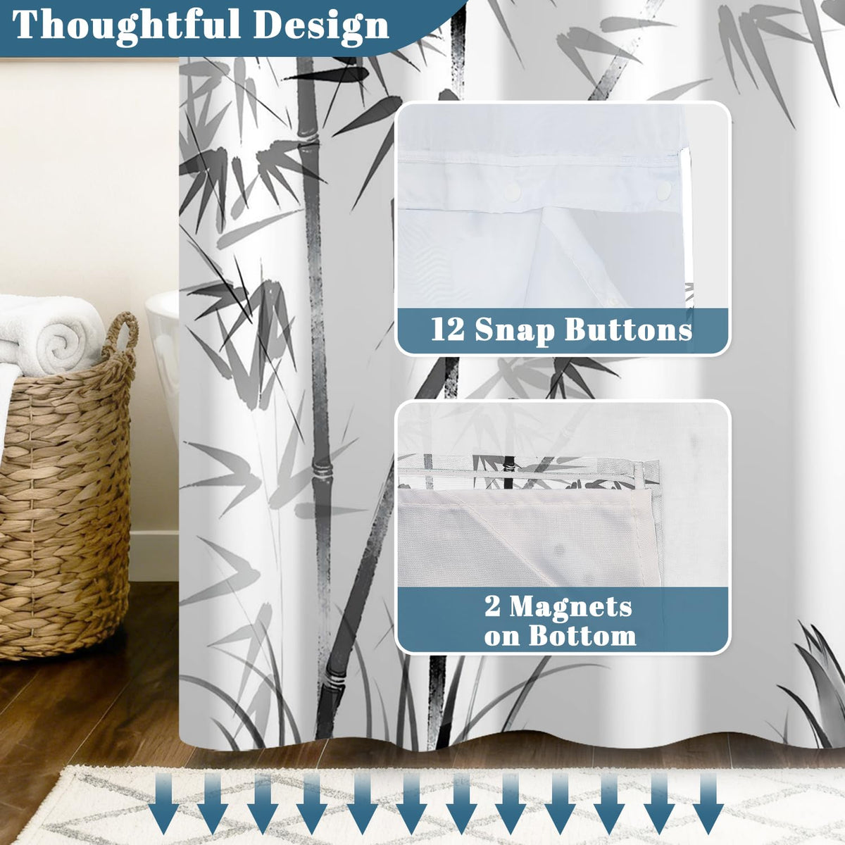 Bamboo No Hook Shower Curtain with Snap in Liner (Bamboo)