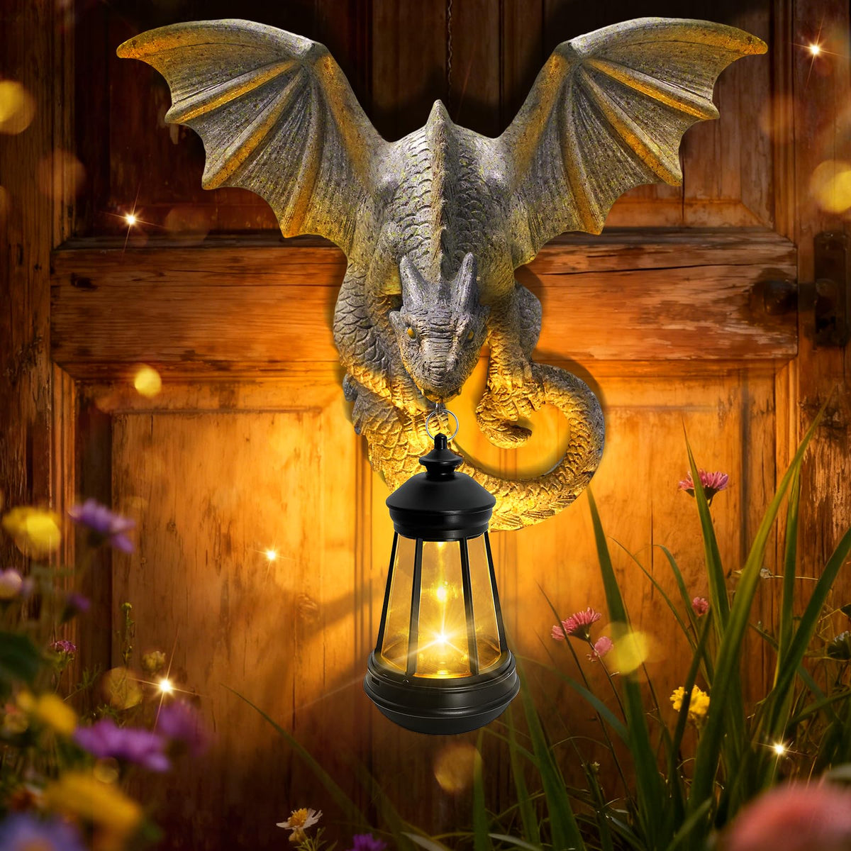 Solar Dragon Tree Hugger Garden Statue (Stone Grey - Dragon with Lantern)