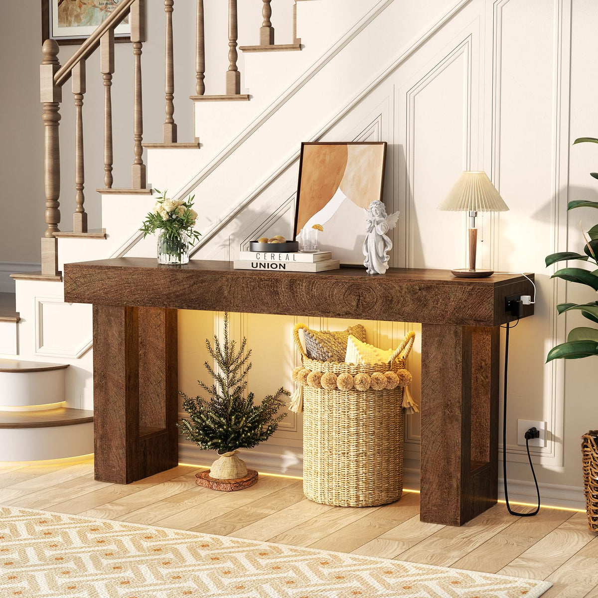 63" Console Table with Sensor Light & AC Outlets with USB (Rustic Oak / 63IN)