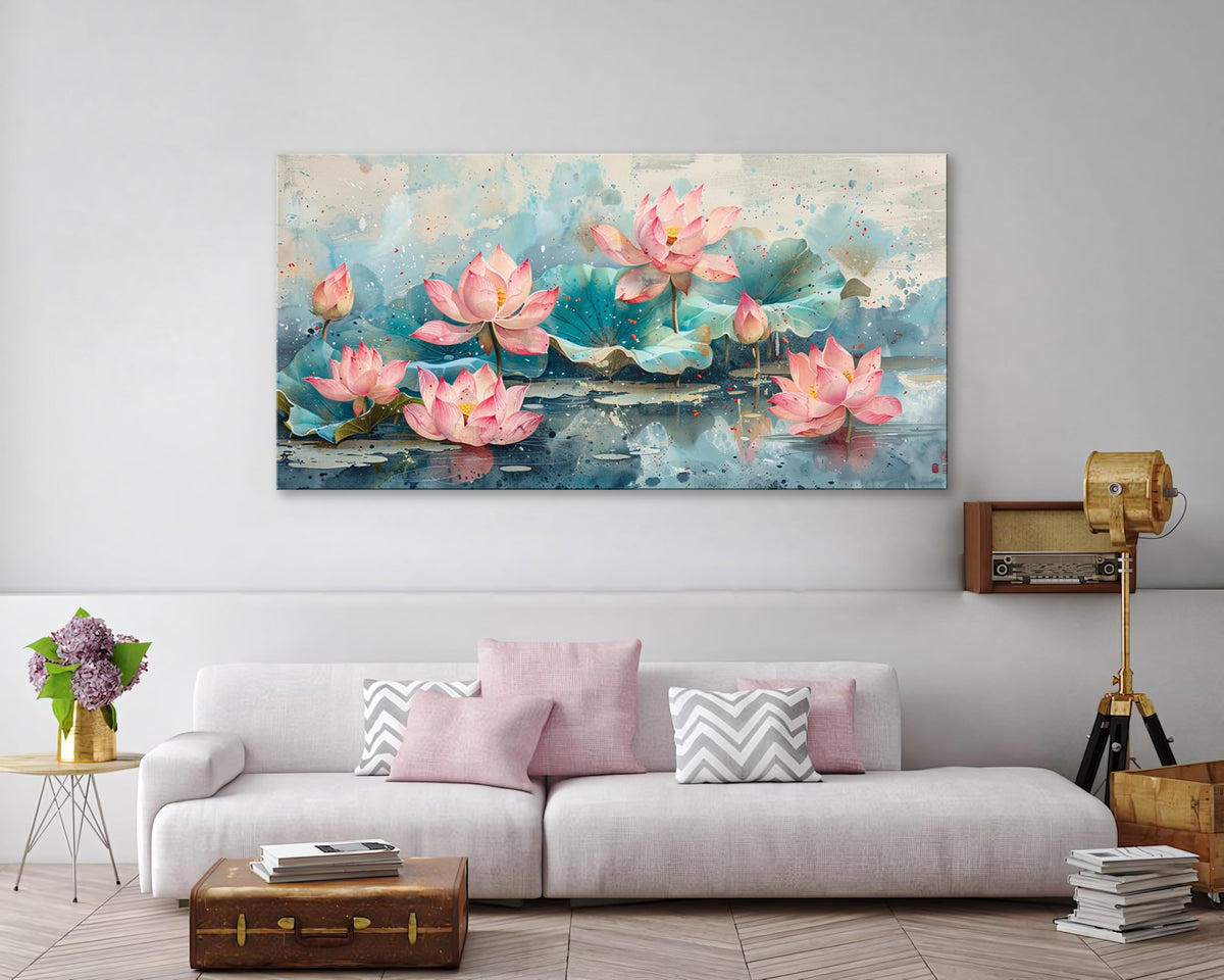 1Pcs Pink Lotus Flowers Canvas Prints Wall Art Green Leaves and Blooming Water Lilies Framed Wall Decor Ready to Hang Nature (Pink Lotus-One Piece / 40"L x 20"W)
