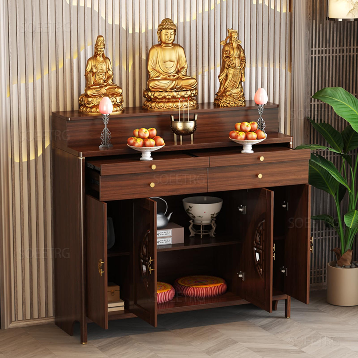 Wood Prayer Altar Table with Storage Cabinet and Drawer (Cherry / 50"L x 24"W x 50"H)