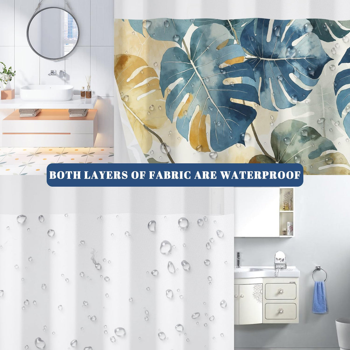 No Hook Shower Curtain with Snap in Liner (Watercolor Monstera Leaf)
