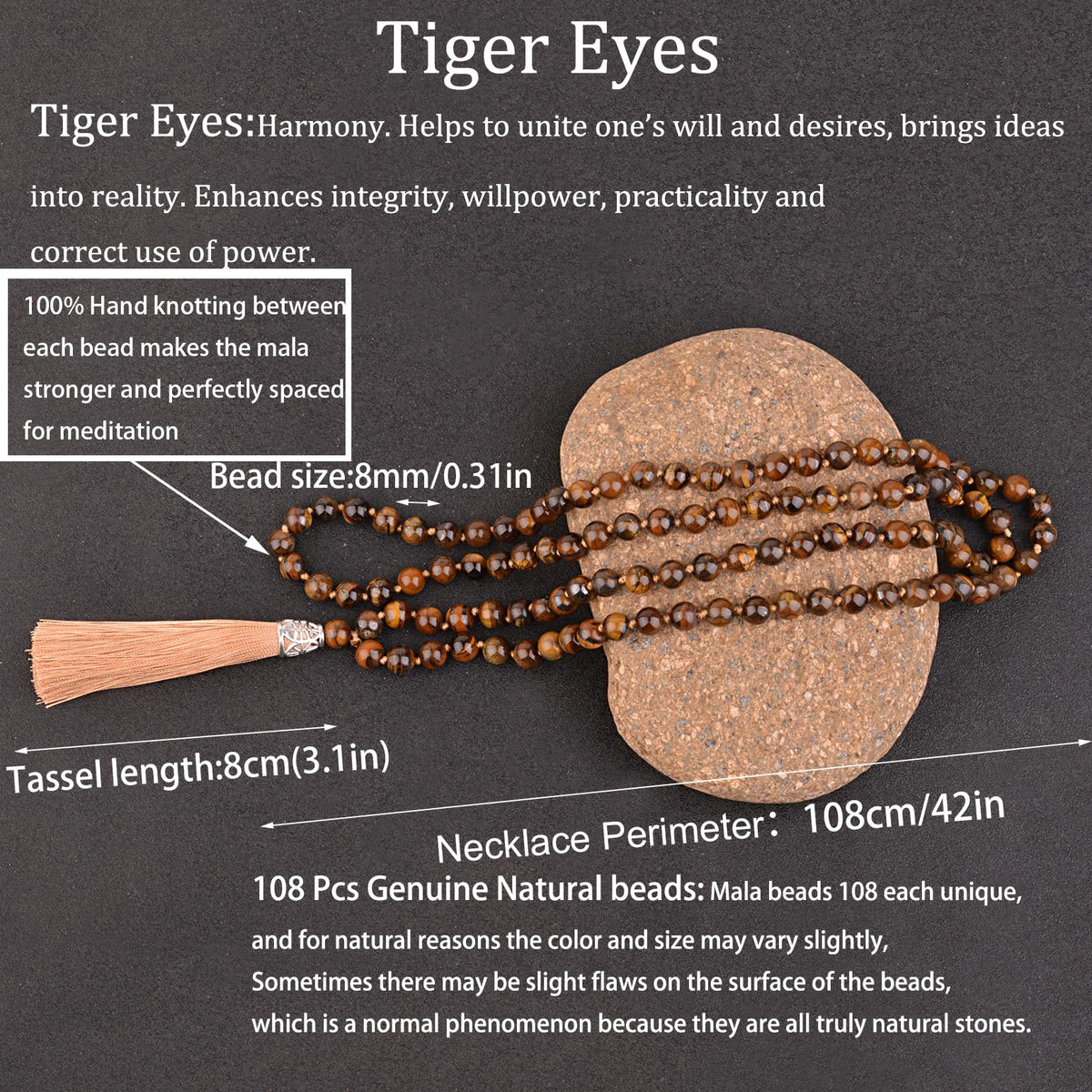 Mala Beads 108 Natural Stone GemStones Japamala Yoga Meditation Hand Knotted Beaded Tassel Necklace for Women Men (Tiger Eyes)