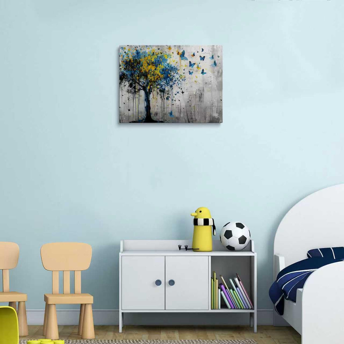 Blue Yellow Tree Canvas Wall Art Framed Abstract Nature Artwork 12x16 Inch (Butterfly Tree / 16"L x 12"W)