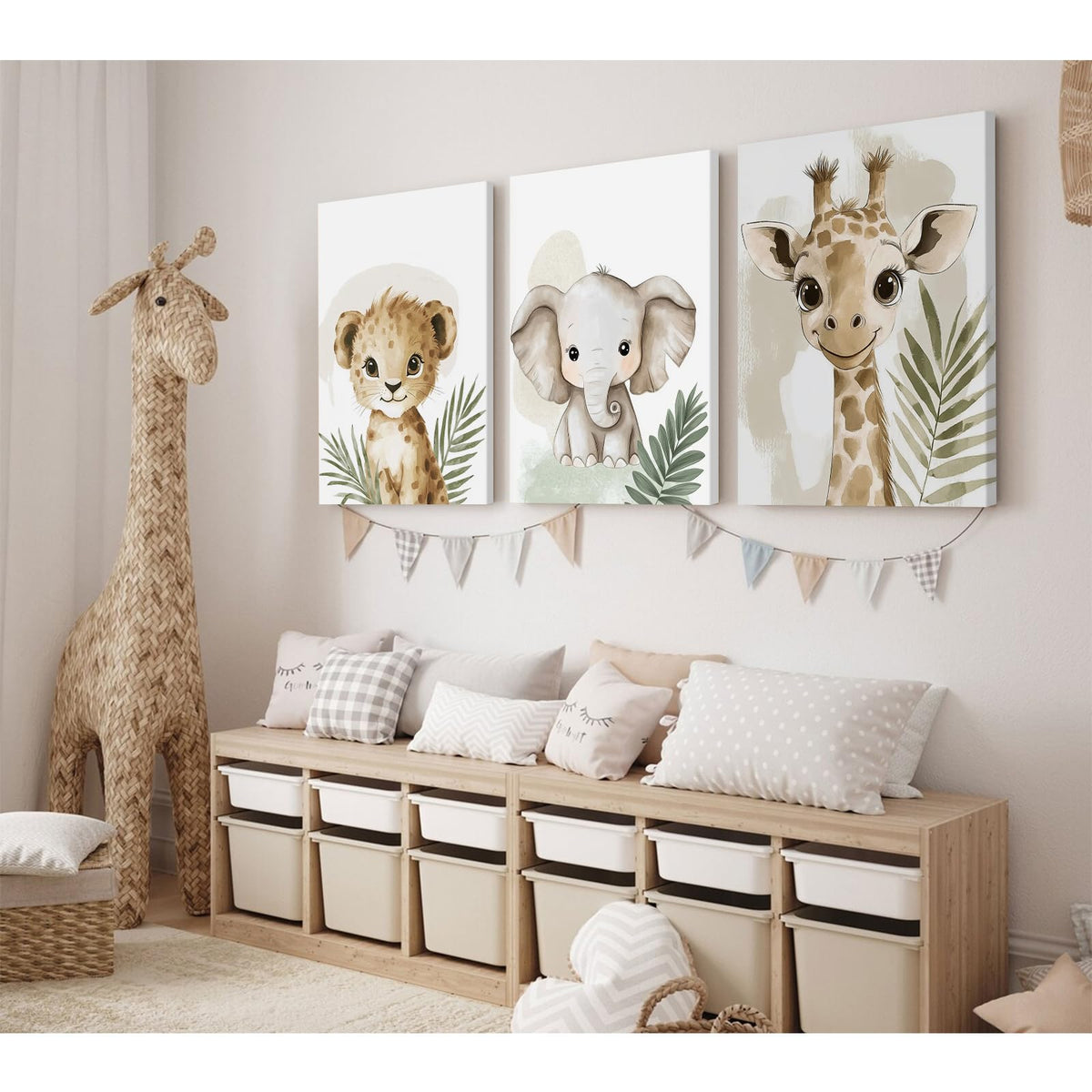Nursery Animal Wall Art Decor Baby Boy Kids Room Pictures Safari Jungle Nursery Canvas Wall Decor Toddler Woodland Animals Prints Cute Giraffe Poster Artwork for Bedroom 12x16x3 Inch Wrapped Canvas (12x16 Inch Wrapped Canvas / Leaf Elephant Prints)