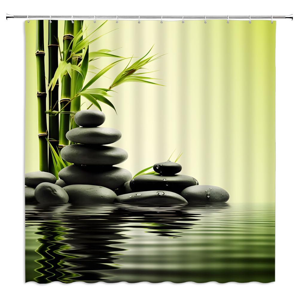 Zen Spa Shower Curtain Asian Japanese Garden Black Stone Bamboo Meditation Green Bathroom Decor Curtains Set with Hooks (47"W x 63"L (Pack of 1))