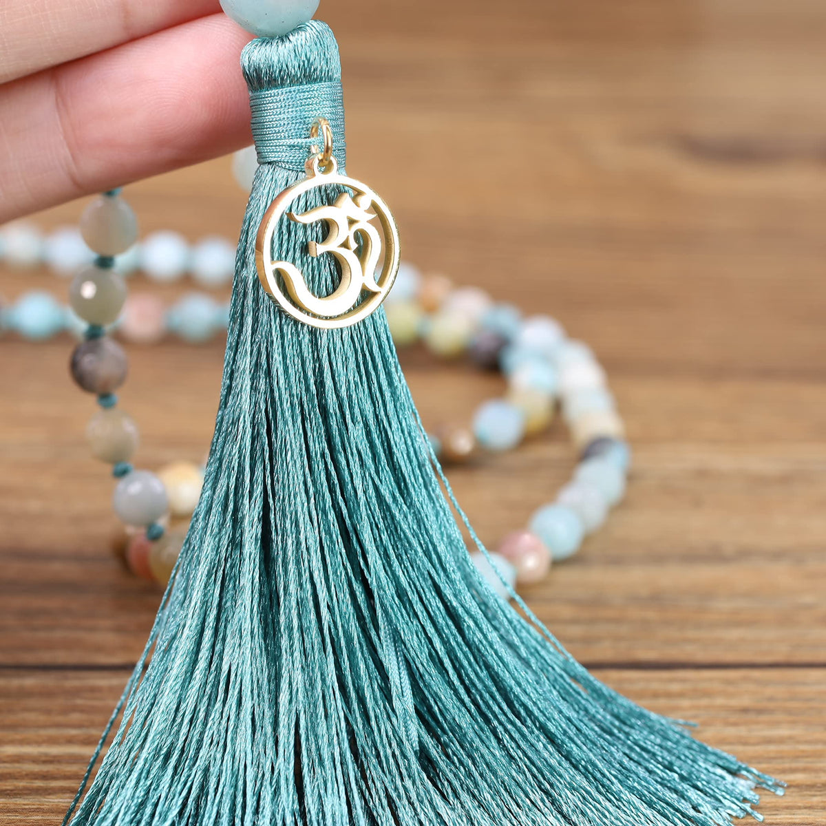OM Charm Hand Knotted Tassel 108 Mala Beads Amazonite Stone Beaded Necklace 8mm (8mm / Faceted Amazonite)