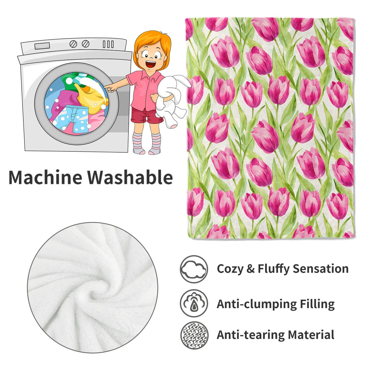 Floral Pink Tulip Blanket Watercolor Flower Throw Blankets with Green Leaves (60x80in / Tulip)