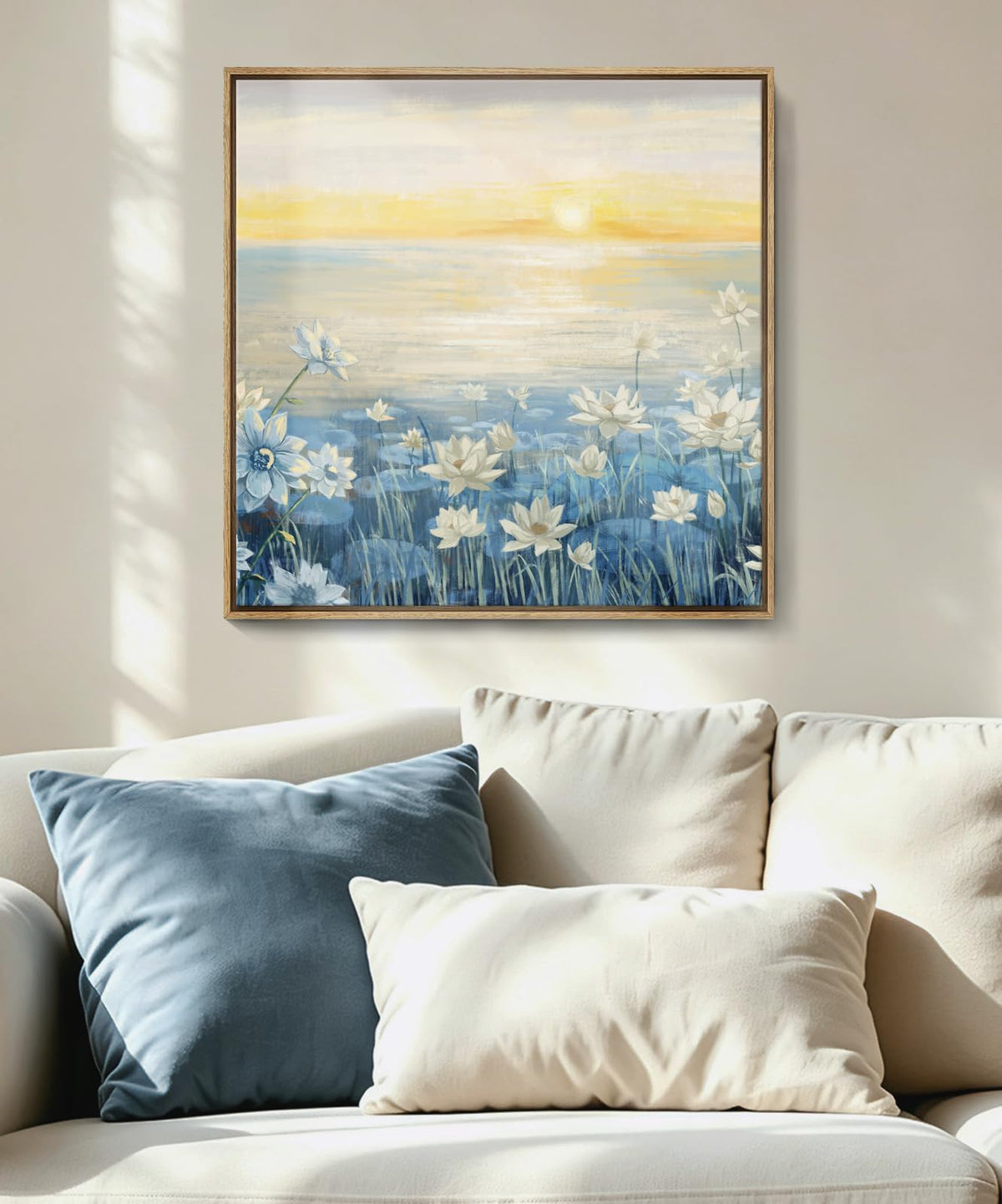 Bathroom Decor Wall Art Framed Canvas Wall Art Modern Beach Coastal Floral Sunset Boho Ocean Artwork Blue Yellow Lotus Flower Zen Wall Picture for Bedroom Kitchen Office Small (Sunrise Wall Art / 13.5"L x 13.5"W)