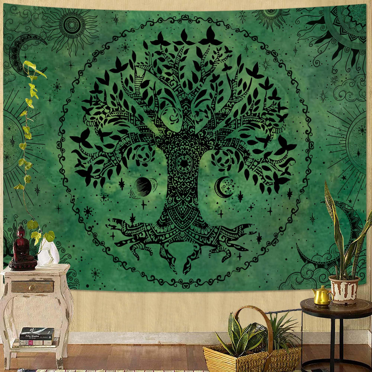 Tree of Life Mandala Tapestry Boho Tapestry for Bedroom Green Tapestries Wall Hanging Living Room Wall Art and Home Decor 60x80 (Green / 60"L x 80"W)