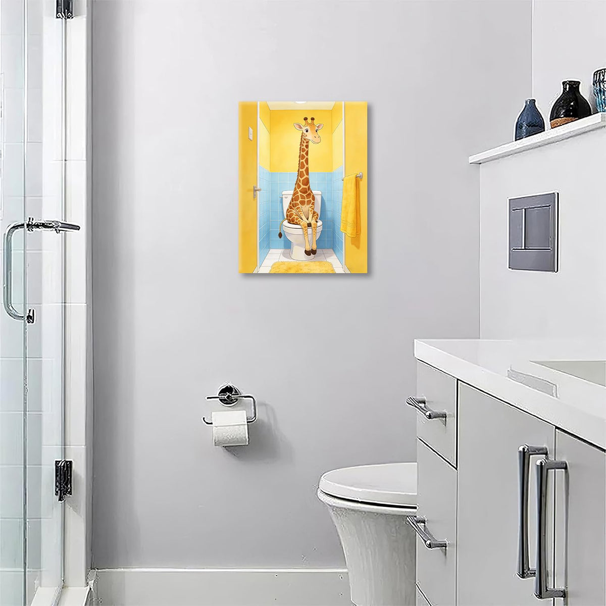 Bathroom Giraffe Canvas Wall Art Funny Toilet Print Framed ArtWork 16"x24" (Funny Giraffe / 24"L x 16"W)