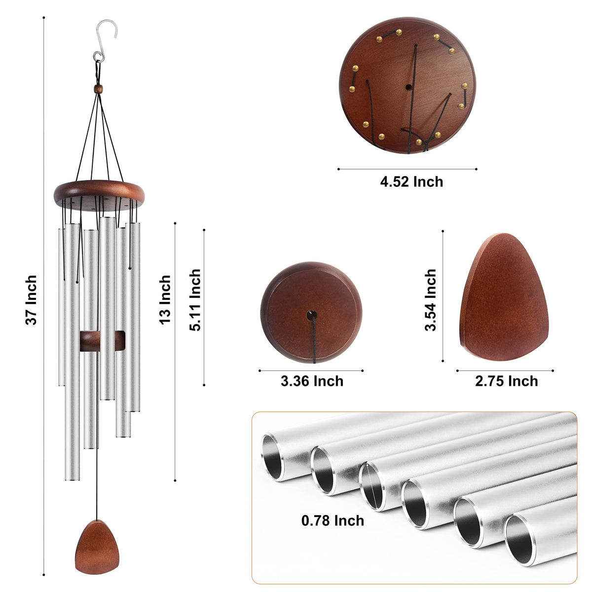 37" Aluminum Wind Chimes for Outside (Silver / Classic 37")
