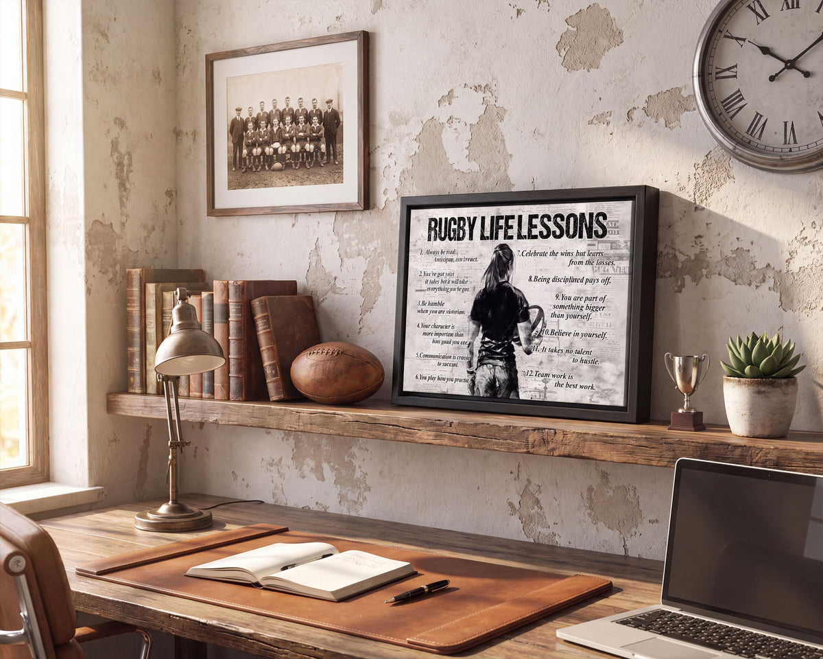 Black Framed Girl Rugby Life Lessons Canvas Wall Art 16x24in (Girl Rugby / 24"L x 16"W)