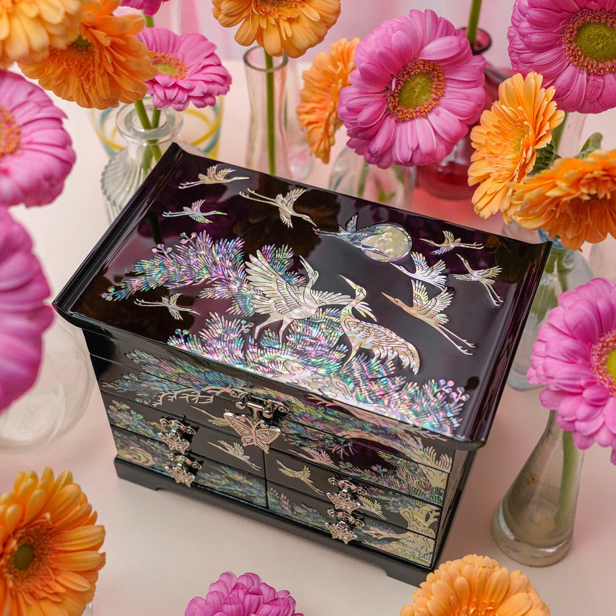 Mother of Pearl Wooden Jewelry Organizer Box (Crane_Black)