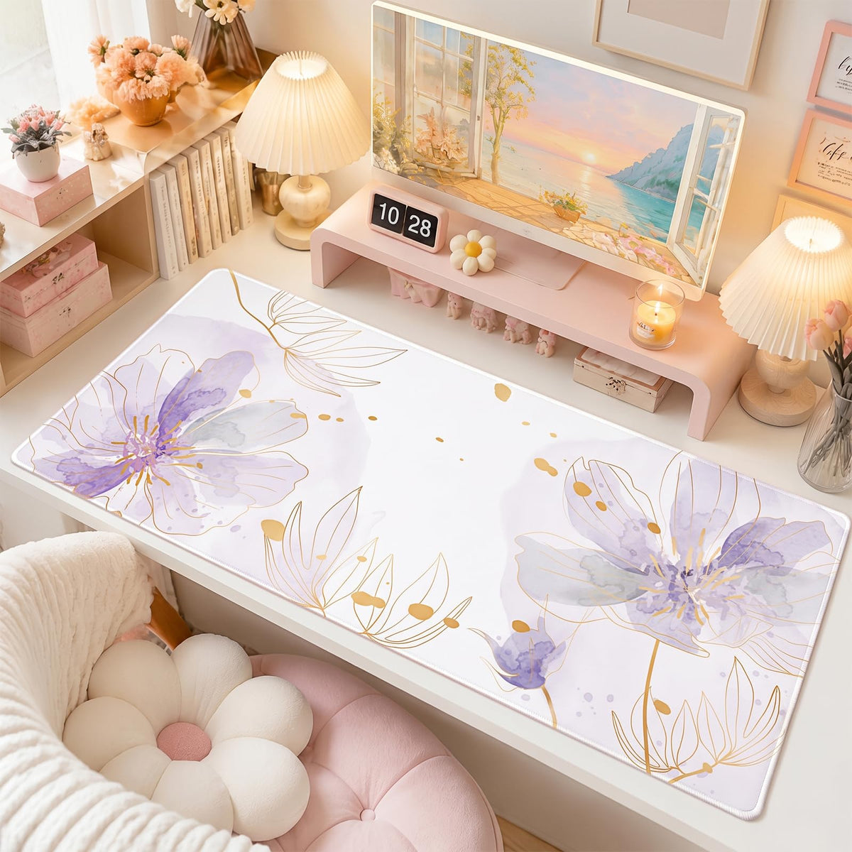 Purple Desk Mat (Purple Watercolor Floral / 35.4" x 15.7")