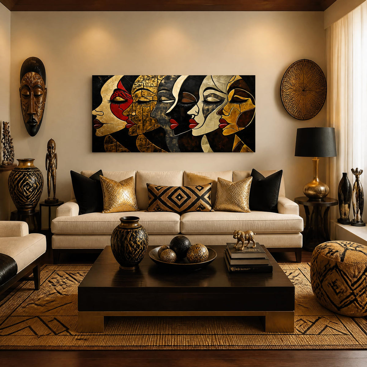 Abstract African Women Faces Canvas Wall Art Modern Tribal Portrait Painting Print Gold Black Red Geometric Artwork for Living Room Bedroom Bathroom Decor (Mysterious / Black Face Series 13 / 40"L x 20"W)