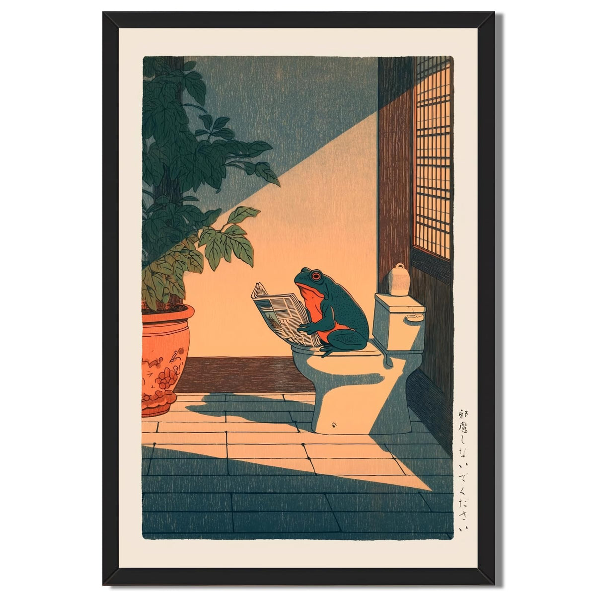 Funny Japanese Frog Bathroom Wall Art Vintage Farmhouse Poster Canvas Print Whimsical Asian Watercolor Animal Painting Minimalist Zen Wall Decor for Washroom Spa Bedroom 12x16inch Black Frame (12"L x 16"W / style-2 Black Frame)