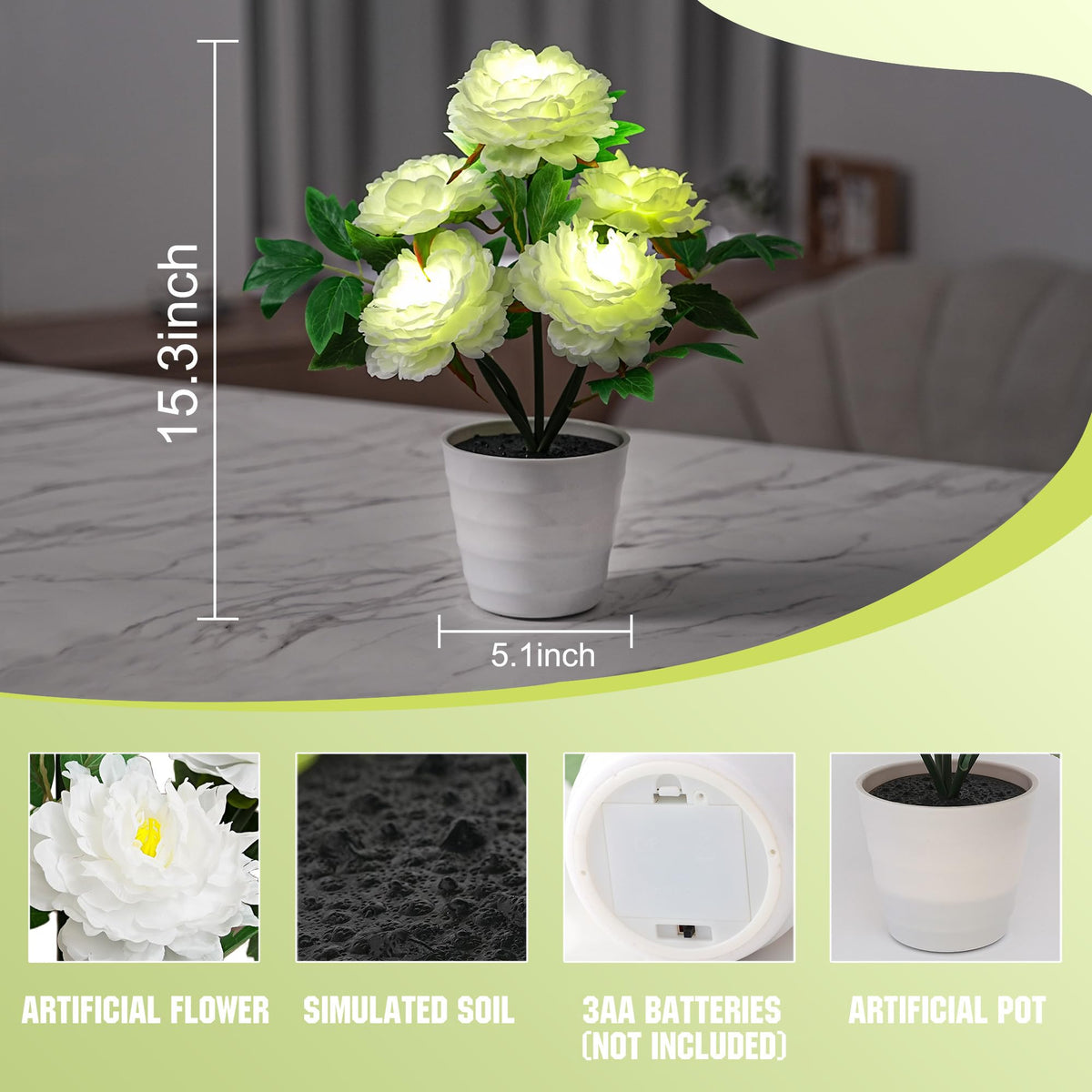 White Peony Artificial Flower Lamp (Peony-White)
