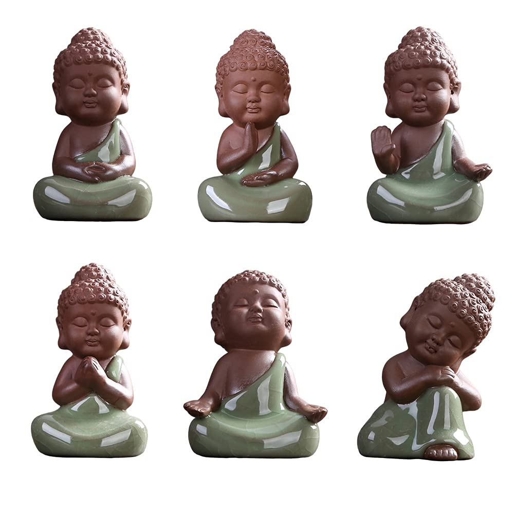 6pcs Set Ceramic Tiny Cute Baby Buddha Statue Collection Monk Figurine Cute Buddha Babies Adorable Baby Buddha Monk Home Decoration Zen Decor Peaceful Rulai Figurines (Collection)