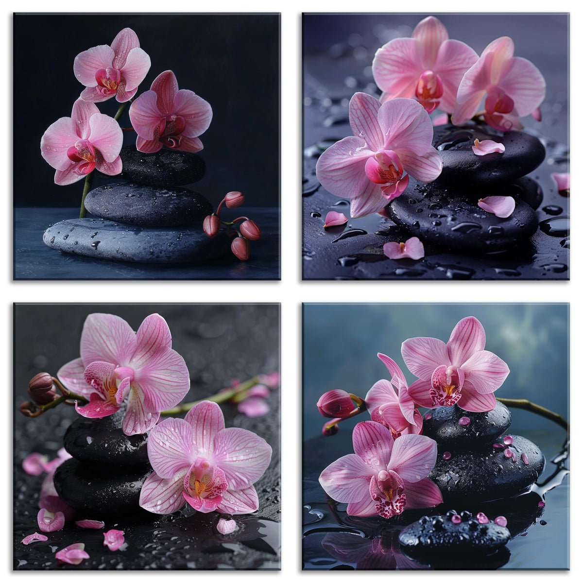 4Pcs Pink Orchid Canvas Wall Art Zen Spa Decor with Black Stones and Water Drops Tranquil Floral Prints Nature Home Decoration for Bedroom Living Room Bathroom Ready to Hang Relaxing Artwork (20X20inchX4 / Pink Orchid)