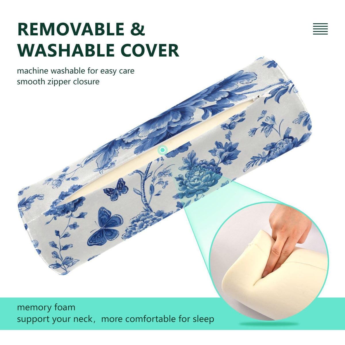 Blue and White Peony Flowers Butterfly Neck Roll Pillow Bolster Round Health Memory Foam Long Cervical Cylinder Pillows with Removable Washable Cover for Body Bed Legs Back Yoga (Blue and White Peony Flowers Leaf)