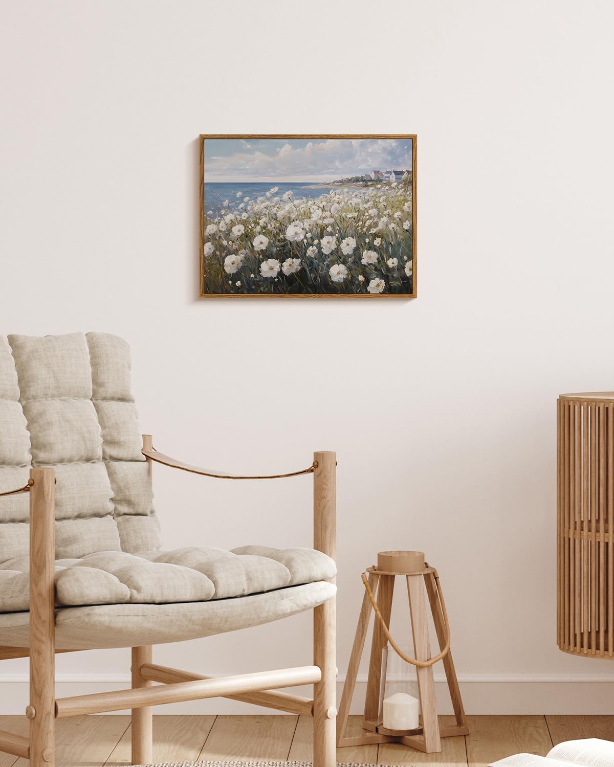 Vintage Coastal Wildflower Framed Canvas Wall Art 12"x16" Ocean View White Flowers (Seaside / 16"L x 12"W)