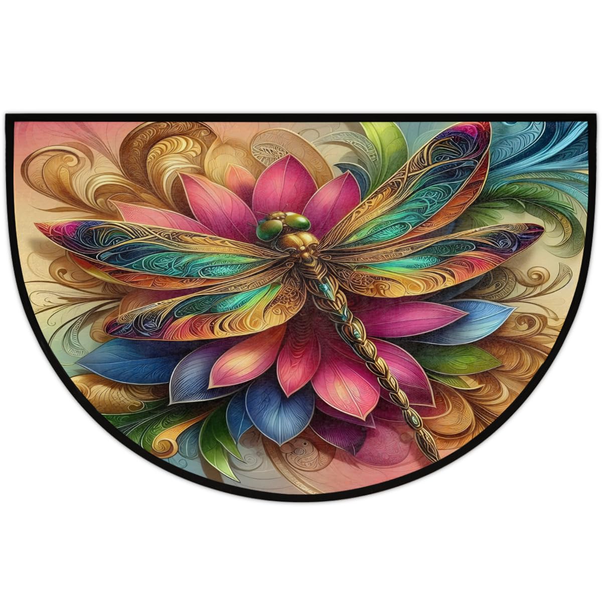 Half Round Doormat Dragonfly Flower Animal Semi Circle Rug Non Slip Indoor Outdoor Entrance Half Moon Rug Washable Front Floor Mat for Kitchen Bathroom Patio Fireplace Holiday Decor (B:dragonfly 03)
