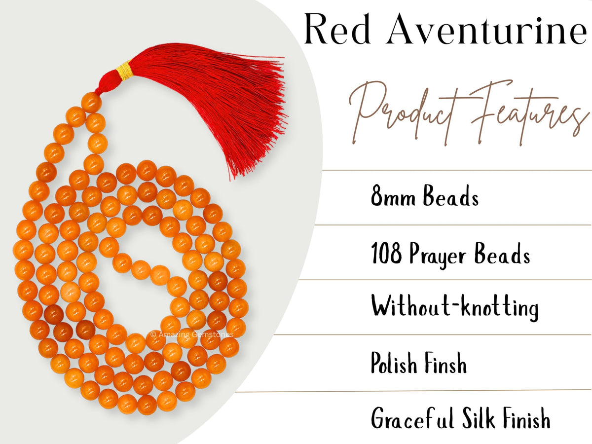 Red Aventurine Buddhist Prayer Beads Japa Mala with 108 Meditation Beads (Without Knots / Red Aventurine)