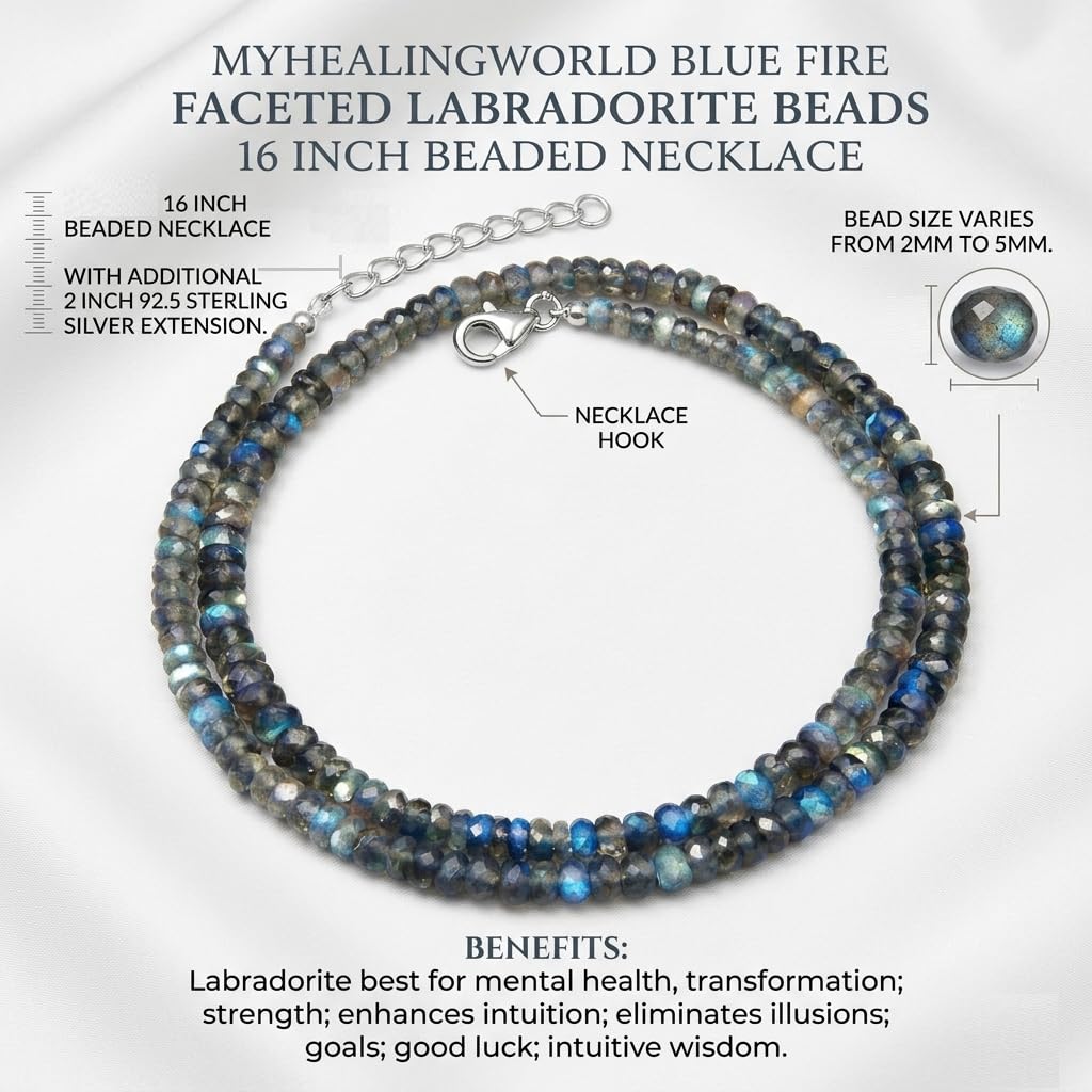 Blue Fire Faceted Labradorite Beads 16 Inch Beaded Necklace with Additional 2 inch 92.5 Sterling Silver Extension. Bead Size Varies from 2mm to 5mm (Blue Fire Natural Labradorite)