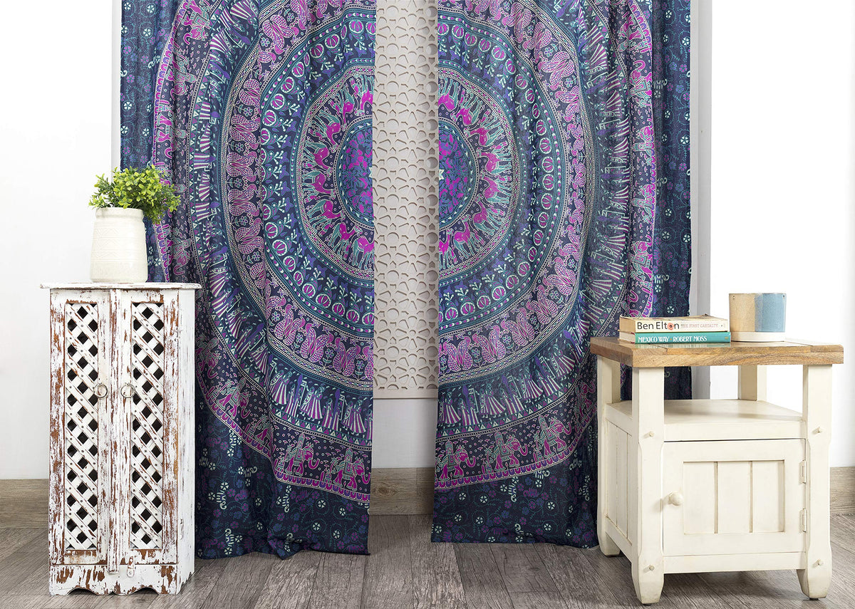 Indian Hippie Bohemian Beautiful Elephant Blue Color Mandala Curtain Panels (38"W x 83"L (Pack of 2) / Blue Pink)