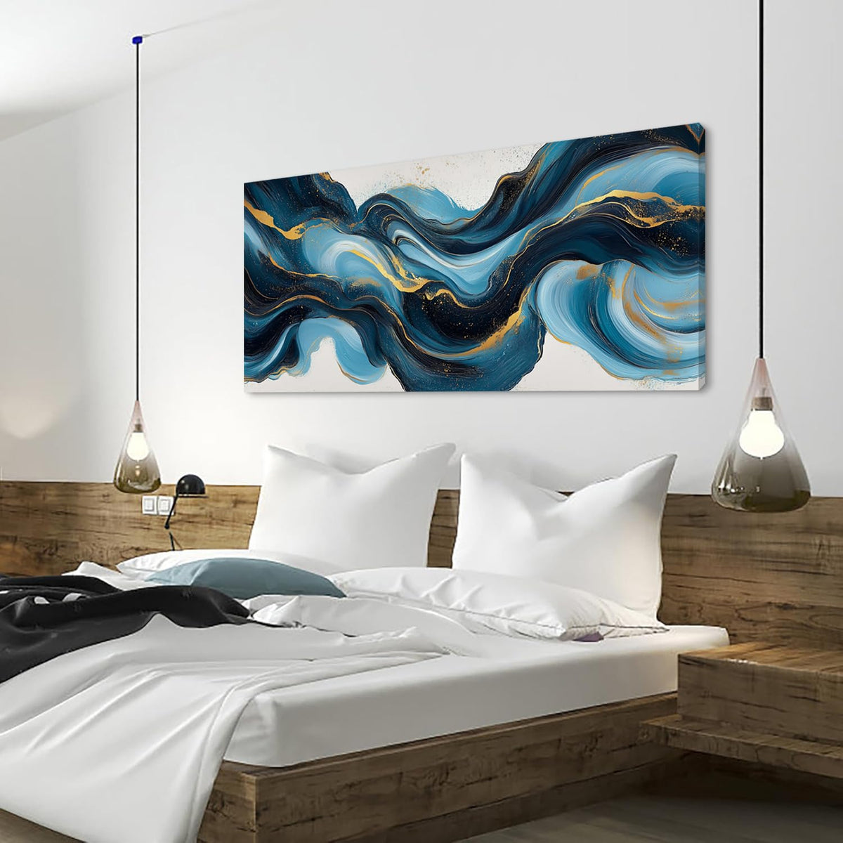 Abstract Blue and Gold Swirling Stripe Wall Art for Living Room Office Contemporary Art Deco White Background Painting Prints Modern Canvas Artwork Over the Couch Bedroom Decor Large (46L" x 23W" / Blue and Gold Swirling Stripe Wall Art (K870))