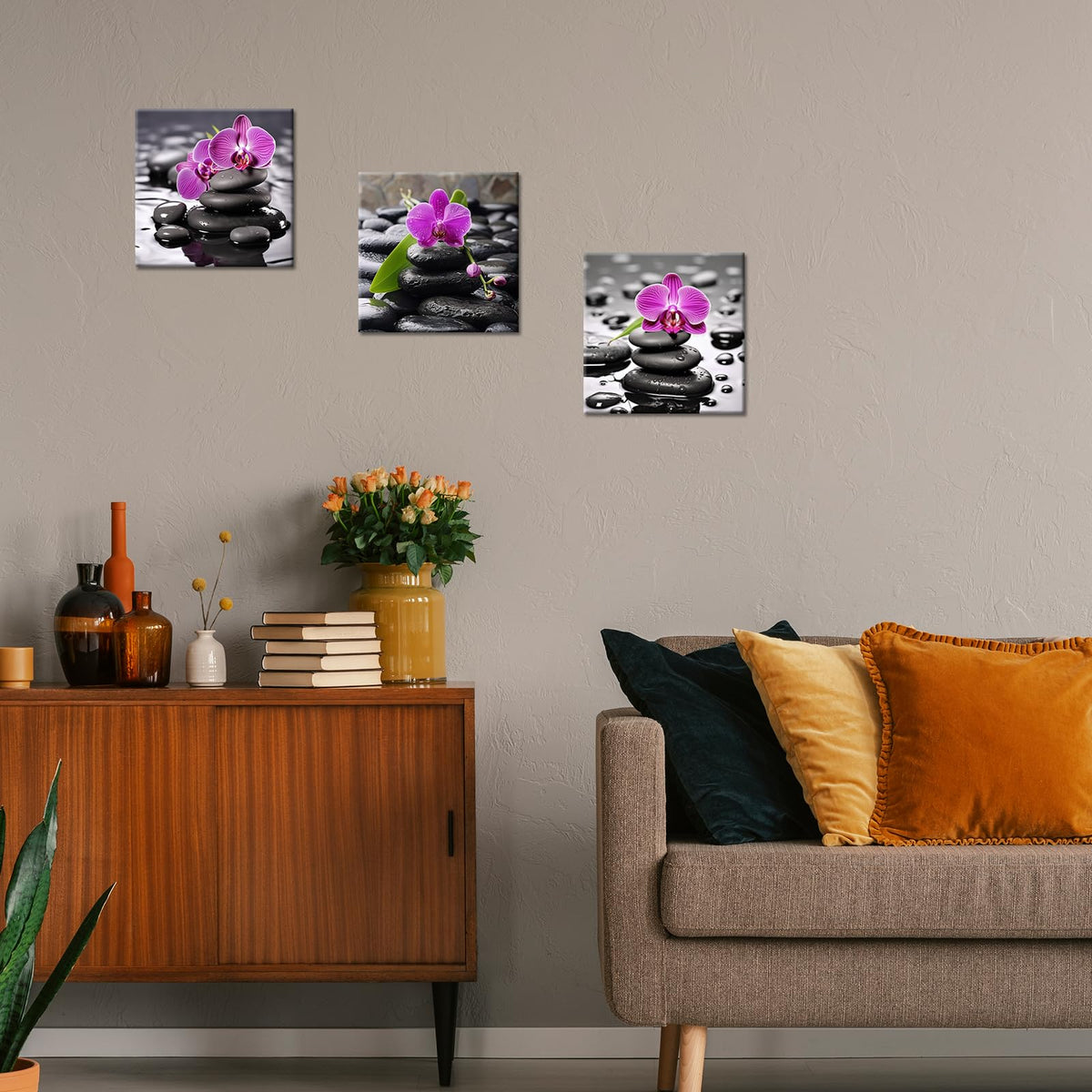 3 Panels Spa Canvas Wall Art Zen Wall Decor for Bathroom Orchid Flower with Spa Stone Pictures Still Life Print Painting for Home Bedroom Decor Stretched and Framed (Zen 02 / 16"L x 16"W)