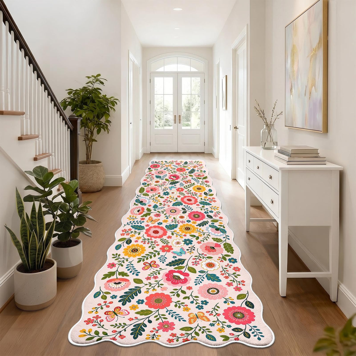 Scalloped Hallway Runner Rug (Floral Butterfly / 2' x 6' (Scalloped))