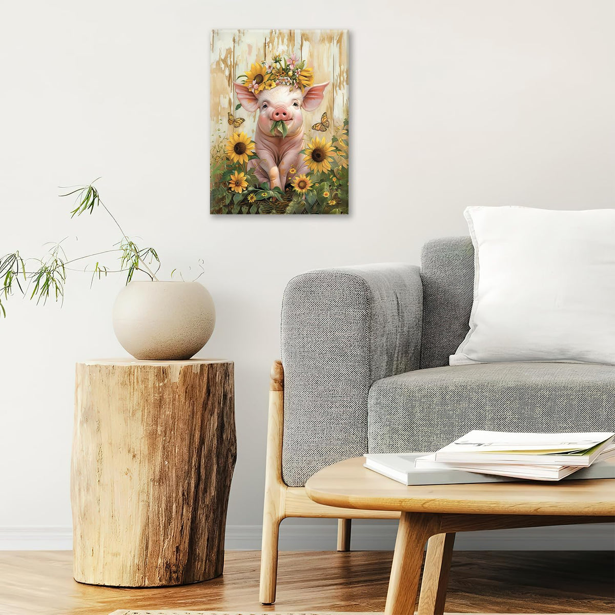 Pig Canvas Wall Art Farmhouse Animal Print Painting Framed ArtWork 16"x24" (Pig Sunflower / 24"L x 16"W)