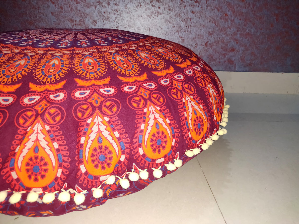 32 Inch Meditation Floor Pillows Cover Round Pillow Cover Seating Hippie Decorative Bohemian Mandala Floor Cushion Cover Outdoor Yoga Living Room Throw Ottoman Poufs Cover (Maroon Mirchi)