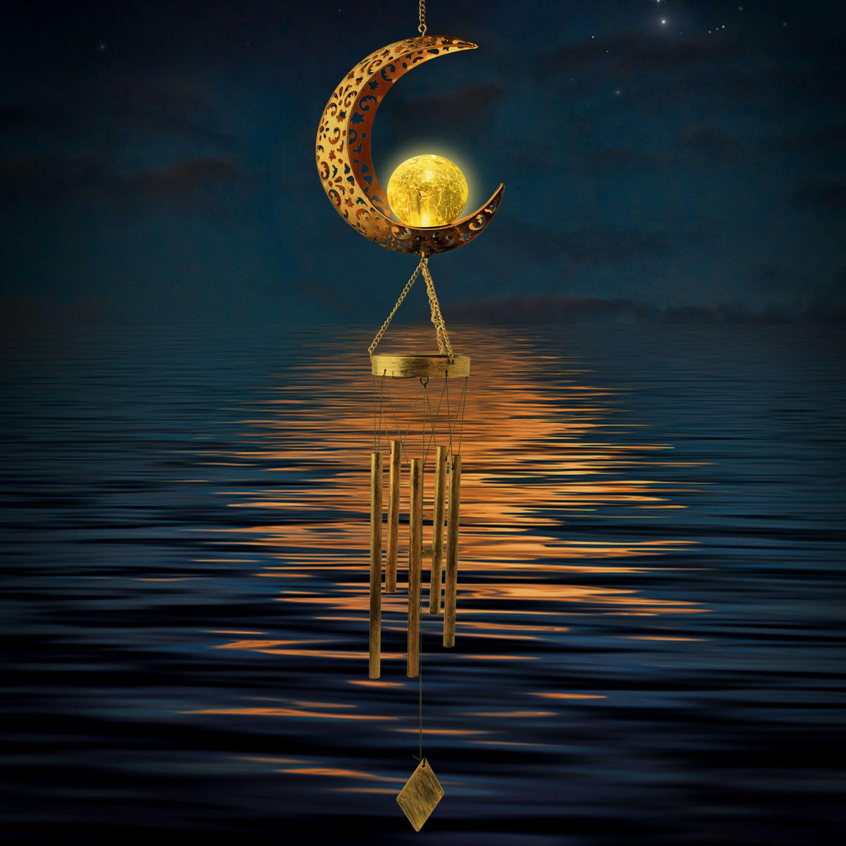 Solar Wind Chimes Moon Decor Gift for Women Cracked Glass Light Wind Chime (Moon)