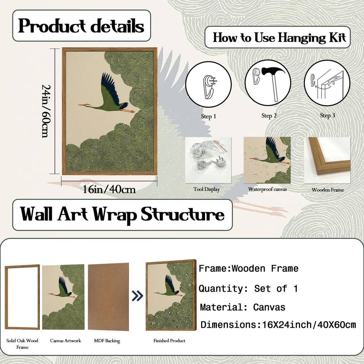 Japanese Crane Wall Art (Animal-L / 24"L x 16"W)